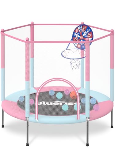 BLUERISE Trampoline 55IN 6FT Toddler Trampoline for Kids Indoor Outdoor Play for Kids Trampoline Basketball Hoop Attachment with Enclosure Net Easy to Assemble Outdoor Indoor Trampoline