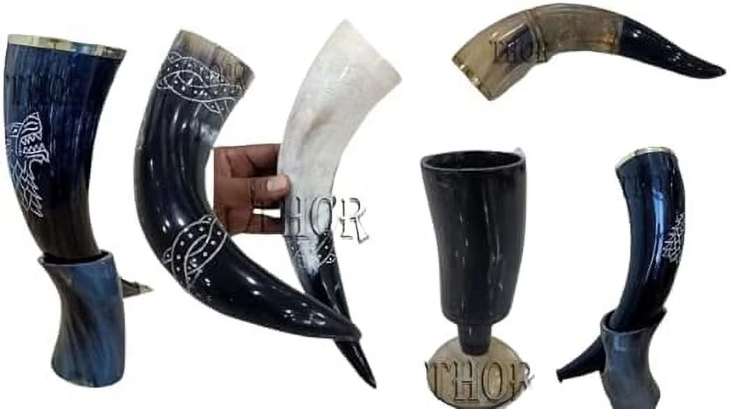 Medieval Authentic loin Viking Drinking Horn Beer Glasses Viking Drinking Horn Mug Handmade Natural design horn mug Viking Horn with brass trim & Brass Knob with cup on stand set of 6 item