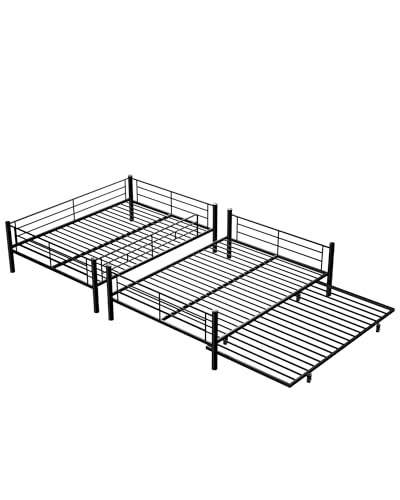 Full Over Full Bunk Bed with Trundle, Heavy Duty Metal Bed Frame with Full-Length Guardrails & Ladder, 3-in-1 Convertible Full Bunk Bed, Noise-Free, No Box Spring Needed, Black