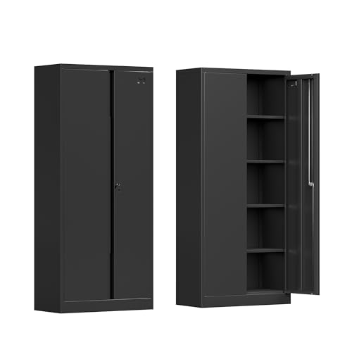 Metal Storage Cabinet with 2 Doors and 4 Adjustable Shelves,71”Lockable Cabinet,Tool Cabinet for Garage Storage, Utility Room,Home,Office,School (Black, 71 inch)