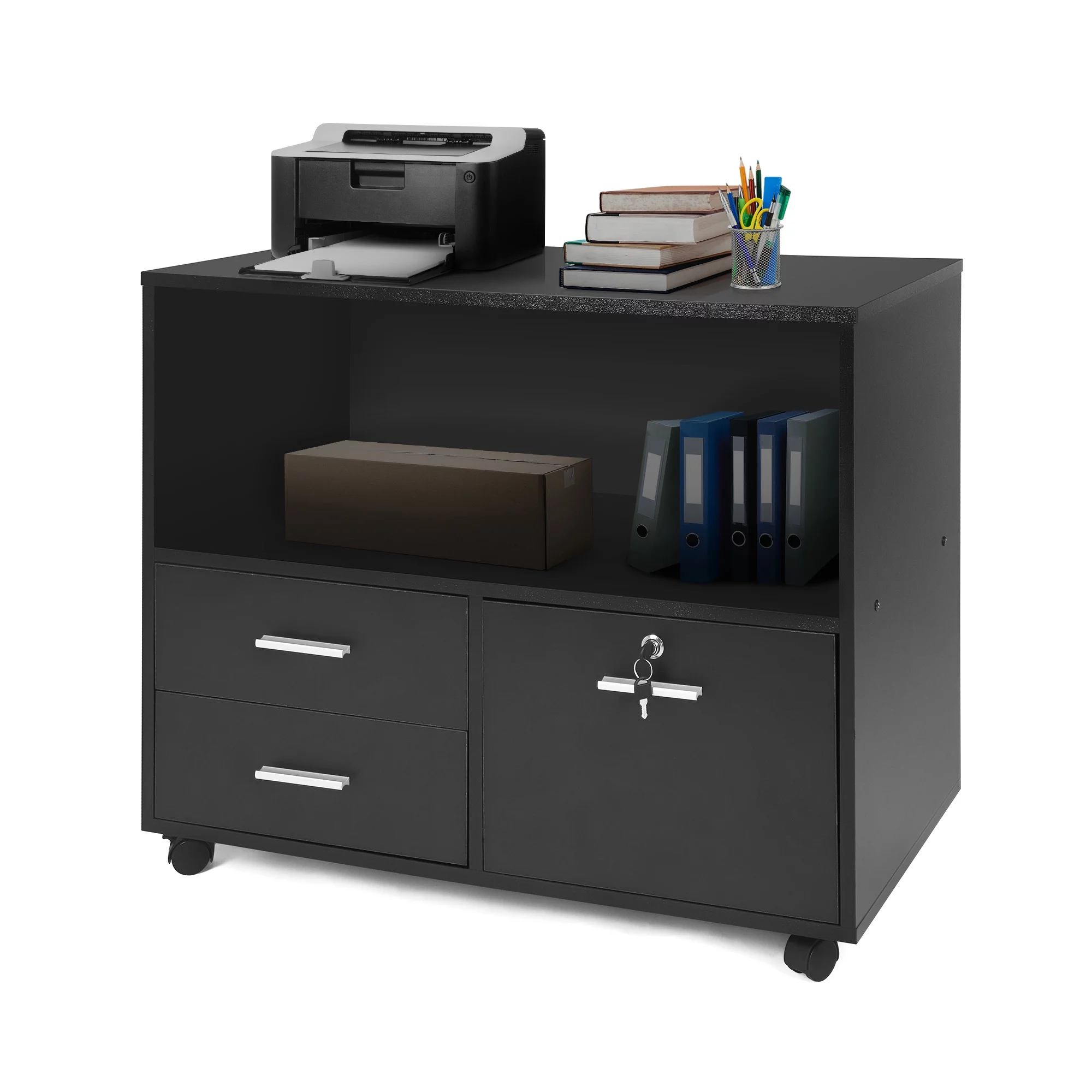 Karmas Product Wood File Cabinet with Lock 3 Drawer Large Mobile Lateral Filing Cabinet with Rolling Wheel Printer Stand with Open Storage Shelves for Home Office, Black