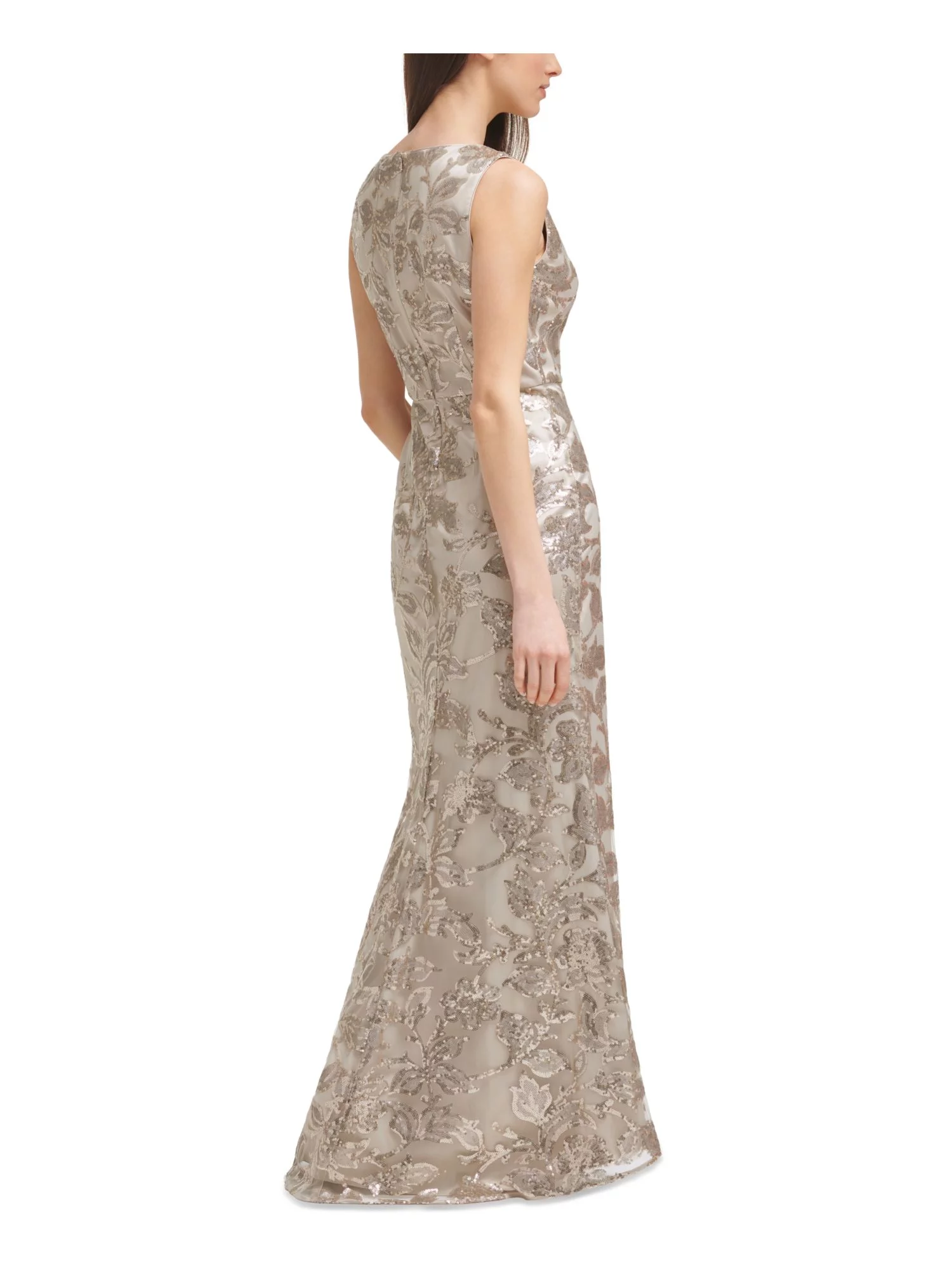 VINCE CAMUTO Womens Beige Zippered Sequined Embellishments Sleeveless V Neck Full-Length Formal Sheath Dress Petites 4P