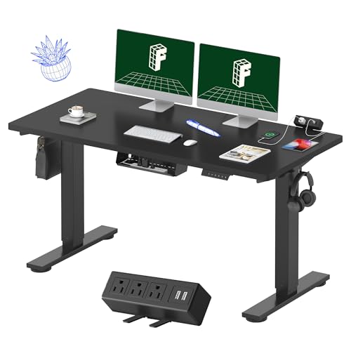 FLEXISPOT EN2 Whole-Piece Standing Desk with Clamp Power Strip, 55 x 28” Electric Stand Up Height Adjustable Desk with Cable Management (Black Frame + 55