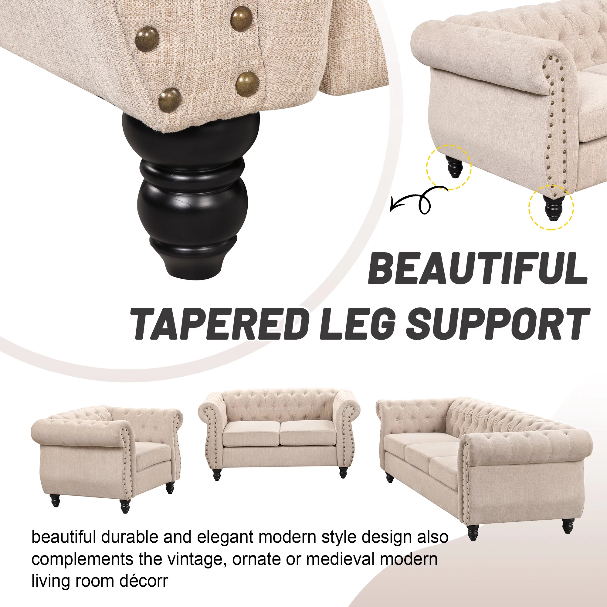 Modern three-piece sofa set with solid wood legs, button-down tufted backrest, Dutch velvet upholstered sofa set including three-seater sofa, two-seater and living room furniture set Single chair