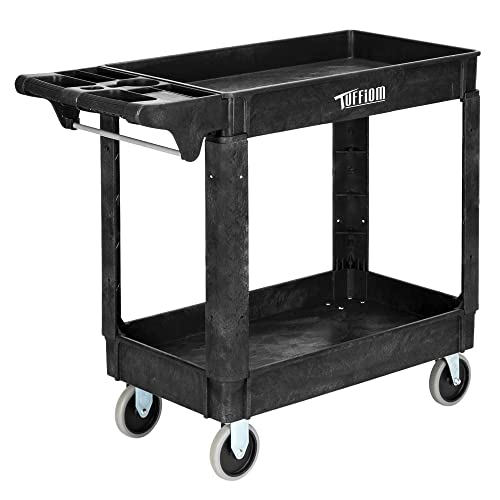 TUFFIOM Plastic Service Utility Cart, Support 550lbs Capacity Ergonomic Handle, Heavy Duty Tub Storage Cart W/Deep Shelves, Multipurpose Rolling 2-Tier Mobile Storage Organizer, for Warehouse Garage