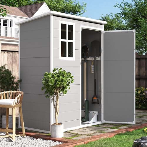 UDPATIO Outdoor Resin Storage Shed 6x4.5 FT, Plastic Garden Shed for Bike, Garbage Can, Tool, Outside Sheds with Lockable Door for Backyard, Patio, Lawn, Grey & White