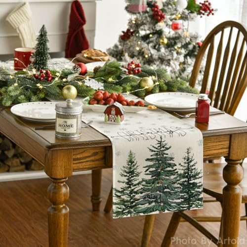 Artoid Mode Beige Pine Tree Snowflake Merry Christmas Table Runner, Seasonal Winter Xmas Holiday Kitchen Dining Table Decoration for Home Party Decor 13 x 72 Inch