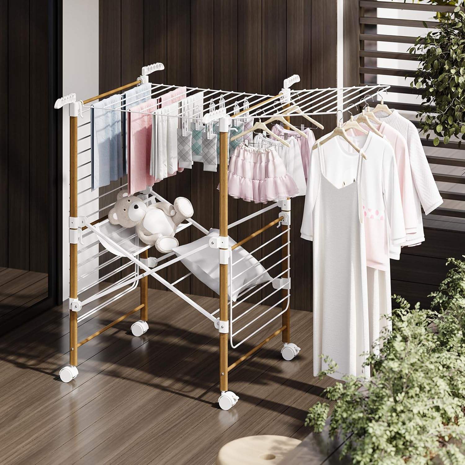 APEXCHASER Collapsible Drying Racks for Laundry, Metal Drying Rack Clothing with Wheels, Foldable 4-Wings Drying Rack for Home, Balcony, Apartments, Wooden look