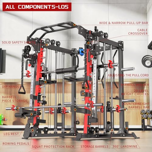 Power Cage Smith Machine Power Rack Multifunctional Deep Squat Rack Cable Crossover System Selectable More Training Attachment for Garage & Home Gym
