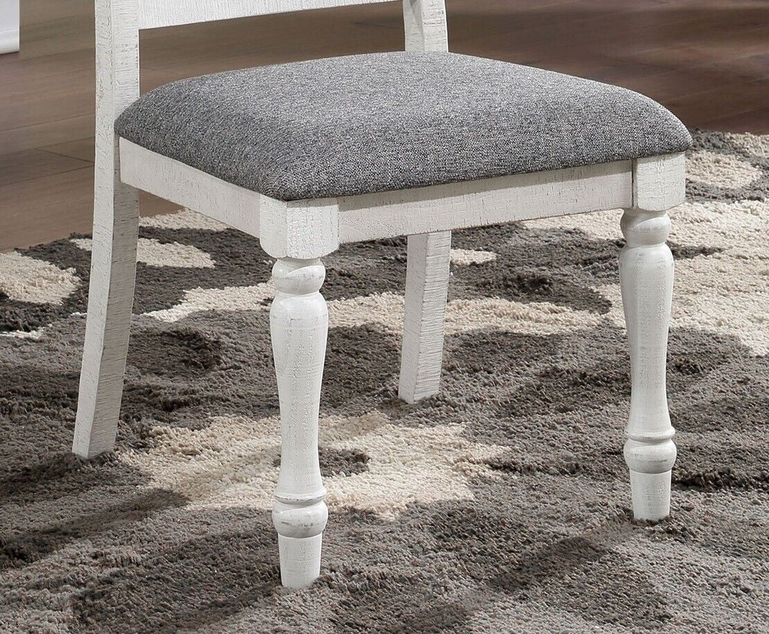 Classic Two-Tone Dining Table 6x Side Chairs 7pc Set Antique White And Gray Solid wood Ladder Back Chairs Fabric Cushions