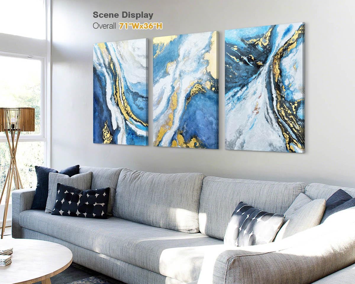 Wall Art Bedroom Gold Wall Decor Abstract Pictures for Living Room Wall Decoration Blue Paintings Large Canvas Art Framed Artwork Decor for Office Bathroom