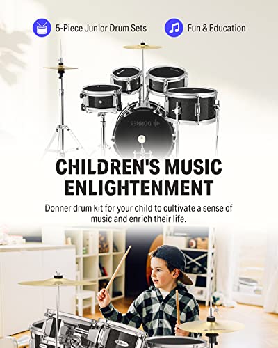 Kid Drum Sets-Donner 5-Piece for Beginners, 14 inch Full Size Complete Junior Drum Kit with Adjustable Throne, Cymbal, Hi-Hat, Pedal & Drumstick, Metallic Black