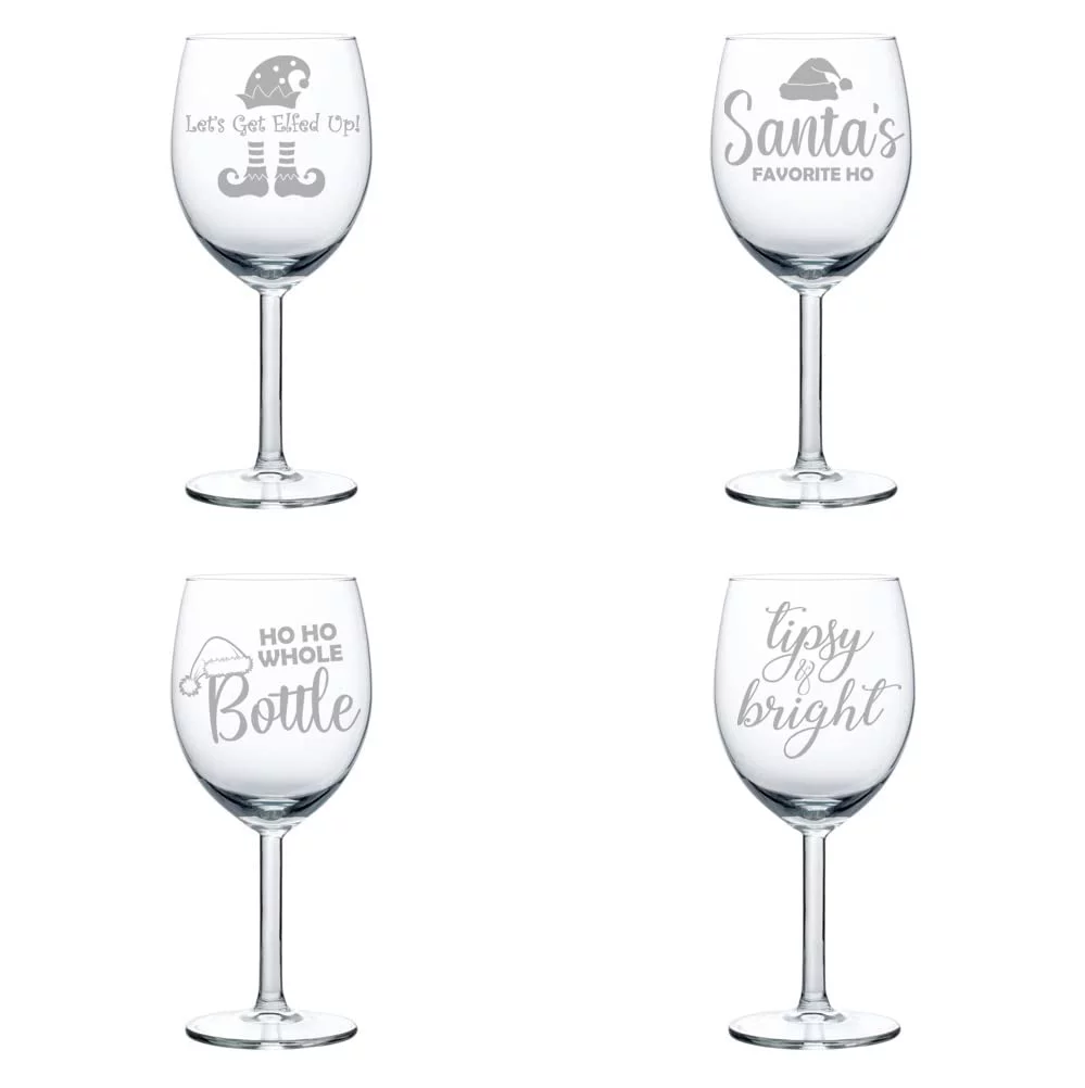 MIP Set of 4 Wine Glass Goblet Christmas Collection 3 Funny (10 oz)
