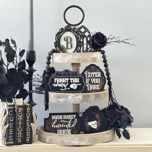 Haunted Gothic Tiered Tray Decor Set, 7-Piece Vintage Halloween Tray Bundle with Gothic Frames and Personalized Cameo, Spooky Victorian Mantel and Shelf Decorations
