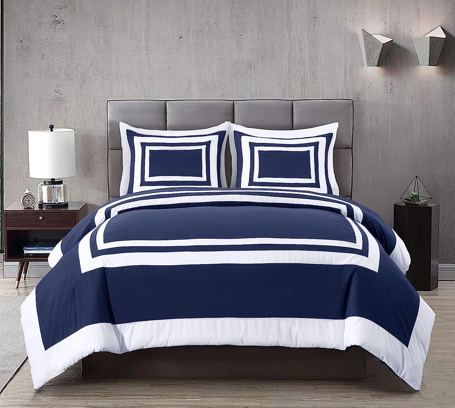 Chezmoi Collection Wyatt 7-Piece King Bed in a Bag Comforter Set with Sheets Hotel Style Navy/White Square Pattern Bedding Set