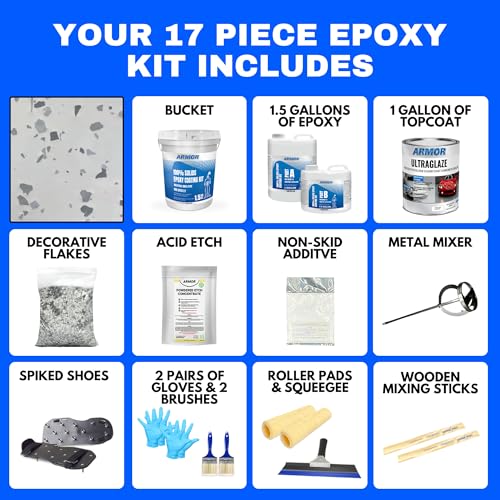 Garage Epoxy Floor Kit – 100% Solids - 2 Part Industrial-Grade Coating w/UltraGlaze Topcoat | DIY Slip & Hot Tire Resistant | 300 Sq Ft - Blue - 17 pc kit