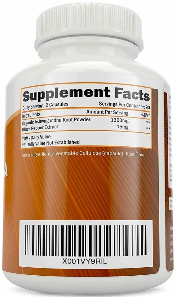 Ashwagandha Capsules Organic Ashwagandha Root Powder Extract of Black Pepper 180 Capsules