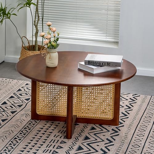 VSHRIV Rattan Coffee Table, 33 Inch Solid Wood Coffe Table with PE Rattan Stand, Center Modern Round Coffee Table for Living Rooms, Bedrooms, Office