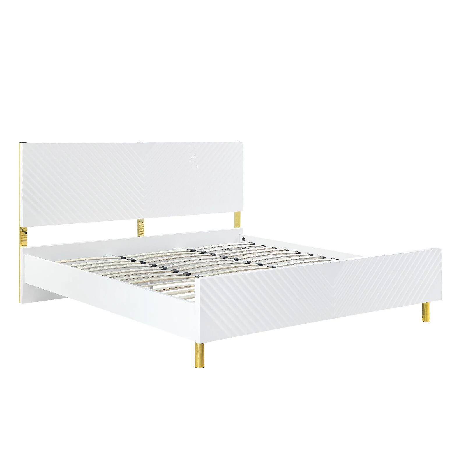 Glamorous Style White Gloss Finish 1pc Eastern King Size Bed Gold Metal Accents Legs Furniture