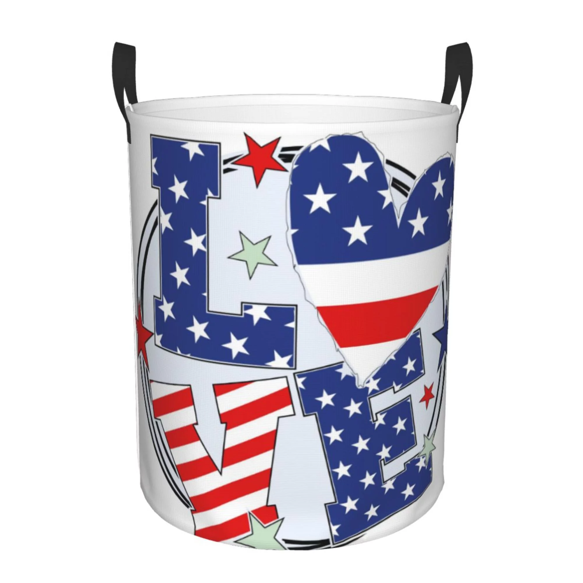 XMXY Round Laundry Basket Organizer, Love American Stars Flag Waterproof Collapsible Dirty Clothes Basket Laundry Hamper, Medium Size