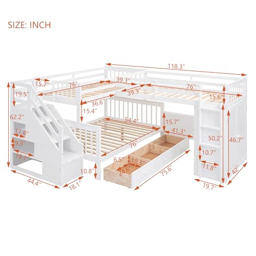 L-Shaped Bunk Bed for 4 Kids, Twin-Twin Over Full with 3 Drawers, Portable Desk and Wardrobe, Solid Wood Bedframe with Stairs and Full-Length Guardrails, No Box Spring Needed (White)