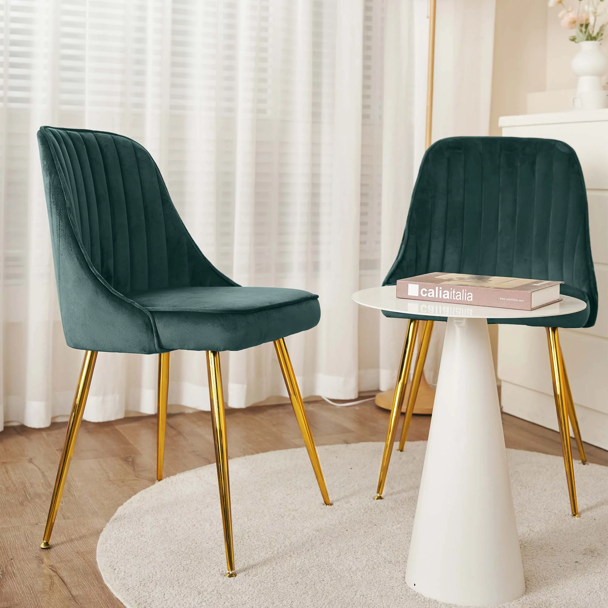 MOJAY Velvet Dining Chairs with Golden Legs, Set of 2, Green