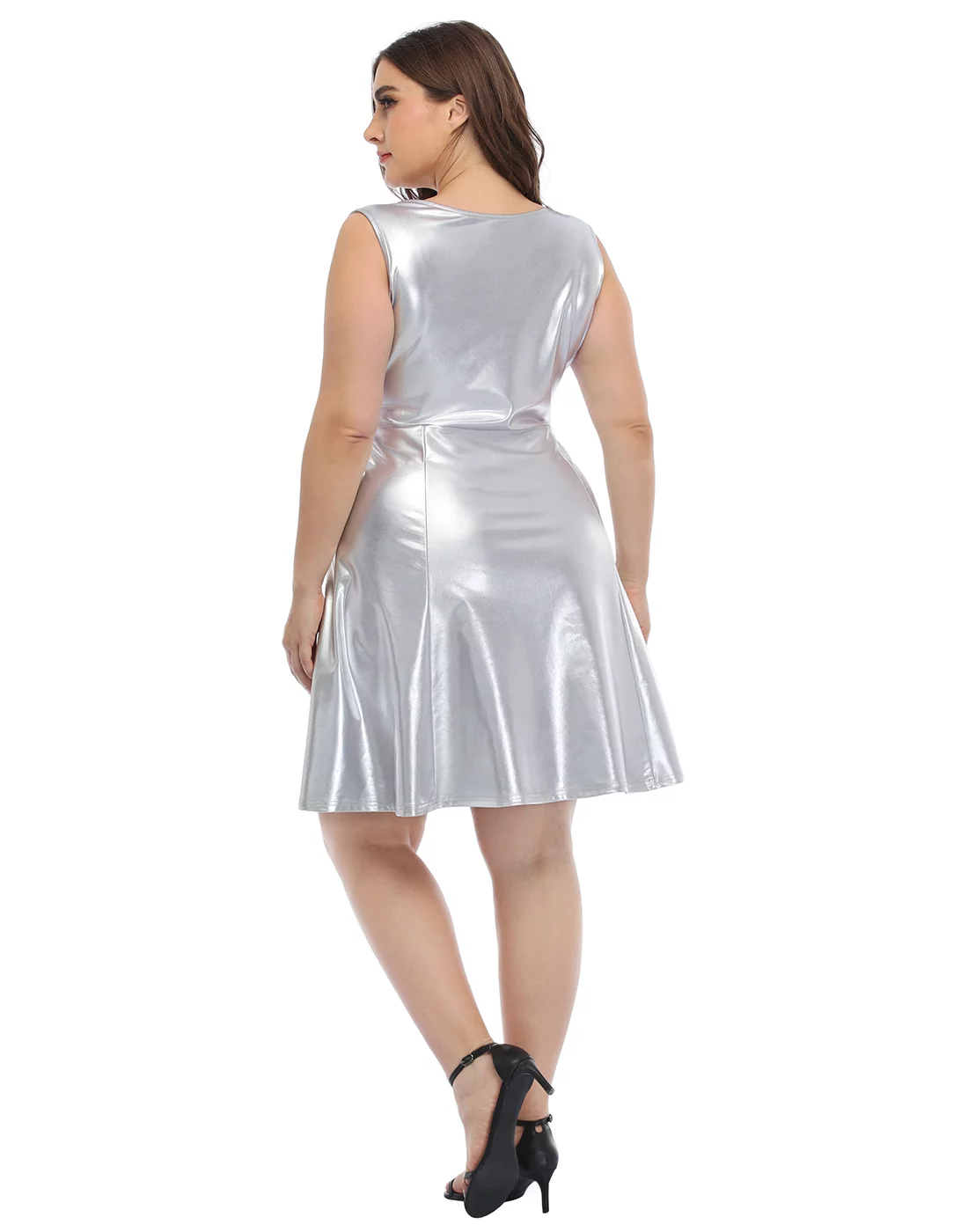 HDE Shiny Metallic Alien Costume Dress Futuristic Sleeveless Space Skater Dress Silver 1X