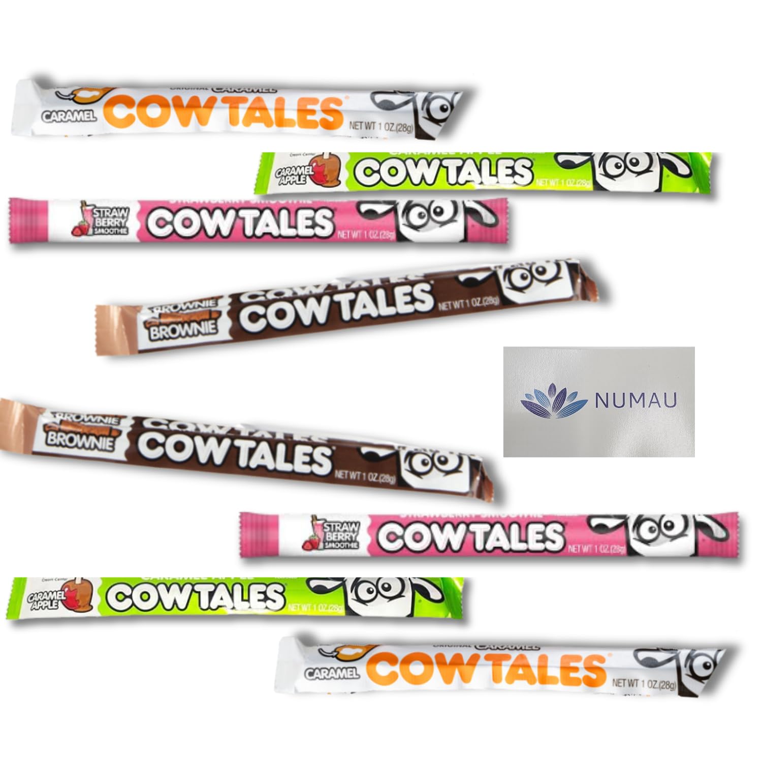 Goetze's Cow Tales Candy Variety Pack - 1 oz Assorted Flavors (Caramel Brownie, Original, Caramel Apple, Strawberry Smoothie) - Ideal Party Favors, Snacks for Kids, Includes Exclusive NUMAU Magnet