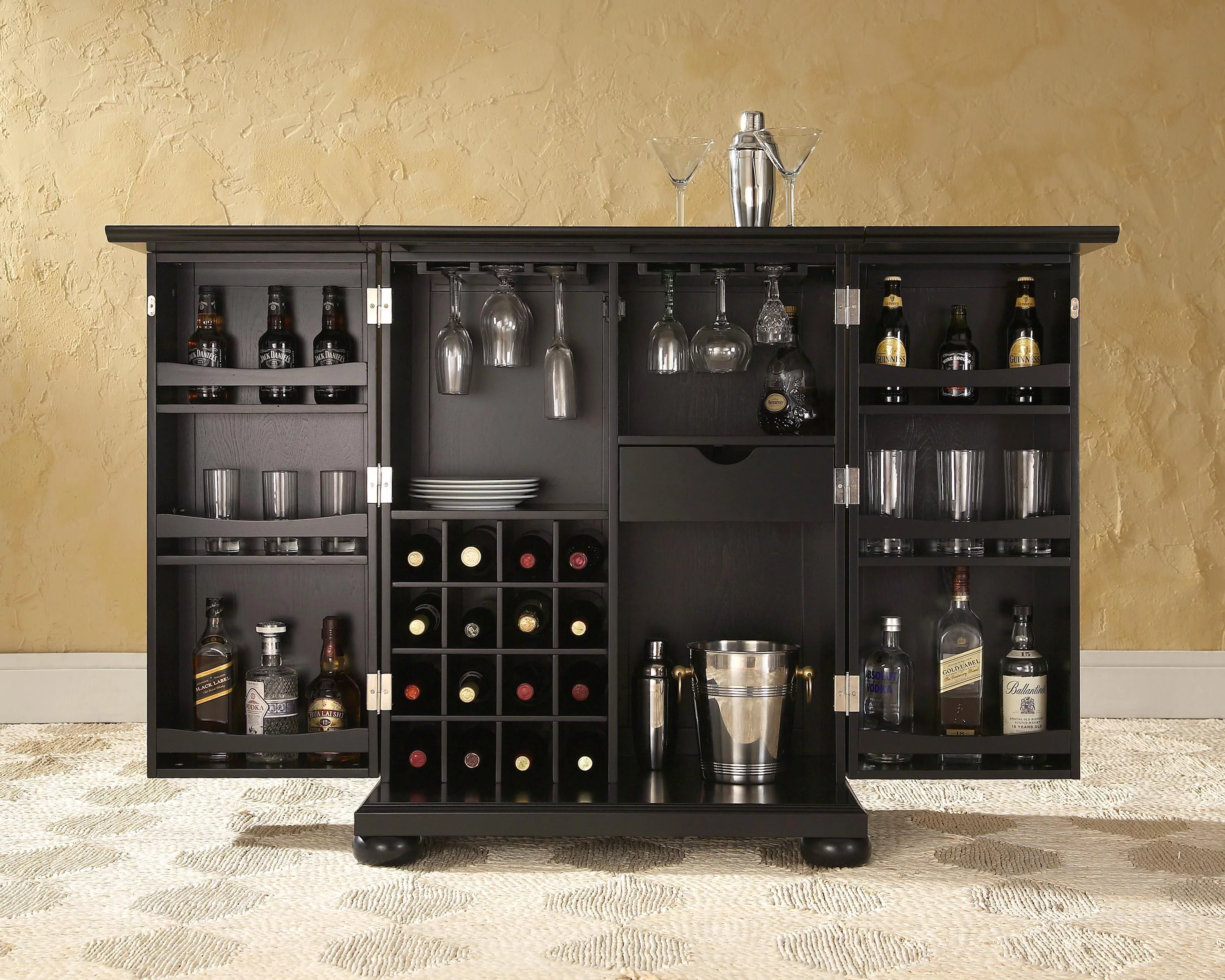 Crosley Furniture Alexandria Wood Expandable Bar Cabinet in Black