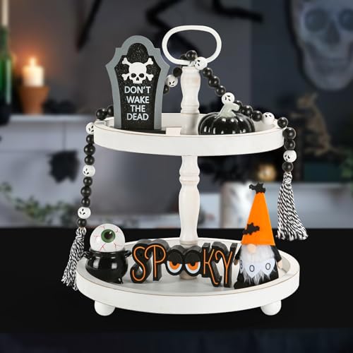 Bundle of 6 PCS Halloween Decorations and Wooden Two Tiered Tray Stand