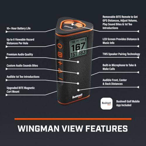 Bushnell Golf Wingman View GPS Speaker | LCD Screen, Magnetic Mount, Music & Audible Distances for 36,000+ Courses, Wireless Remote, 36-Hole Battery, Hazard Info, Signature Series Golf Towel