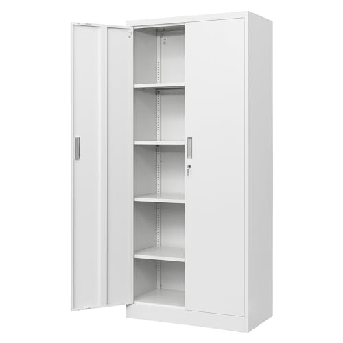 Metal Storage Cabinet with 2 Doors and 5 Adjustable Shelves, 71” White Locking Steel Tool Cabinet for Garage/Pantry/Kitchen/Living Room/Bathroom/Office