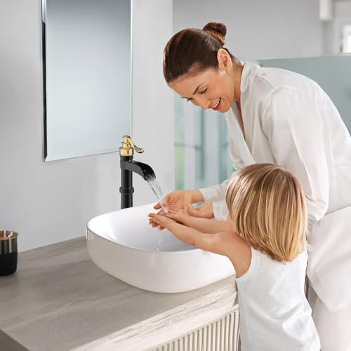 Vessel Sink Faucet, Oil Rubbed Bronze Black Bathroom Faucet, Farmhouse Waterfall Sink Faucet Single Hole with Pop Up Drain Assembly Without Overflow One Hole Mixer Tap Deck Mount