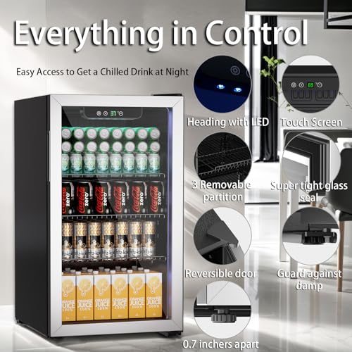 Compact Freestanding Beverage Refrigerator and Skincare Fridge, 0.9 Cu Ft Mini Fridge Holds 24 Cans with Reversible Mirrored Front Door & Temperature Control for Soda, Beer and Beauty Products