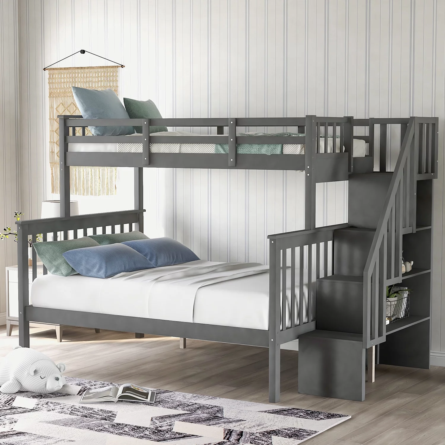 THINK 30,Twin-Over-Full Stairway Bunk Bed with Storage and Guard Rail, for Bedroom Dorm Kids Adults