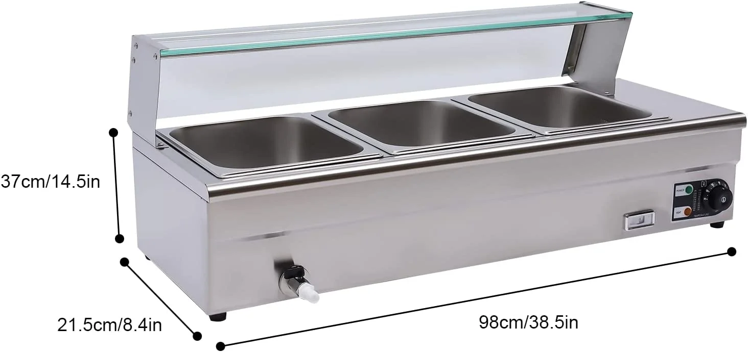 Miumaeov 3 Pans 1200W Food Warmer Buffet Wet Heat Catering Restaurant Temperature Control