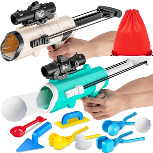 2 Snow Ball Guns with 2 Duck/1 Round/1 Square Shaped Snowball Clip, 1 Snow Shovel, 1 Triangle Snow Spade, 1 Spatula, 1 Carry Bag Snow Toys Snowball Maker Tool for Winter, 10 Pcs