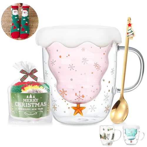 Cute Mugs Christmas Gifts Coffee Mug Double Walled Glass Mugs Milk Tea Espresso Cup Christmas Tree Decorations Christmas Funny Gifts for Women Men Kids Girls Her Best Friend（Pink）