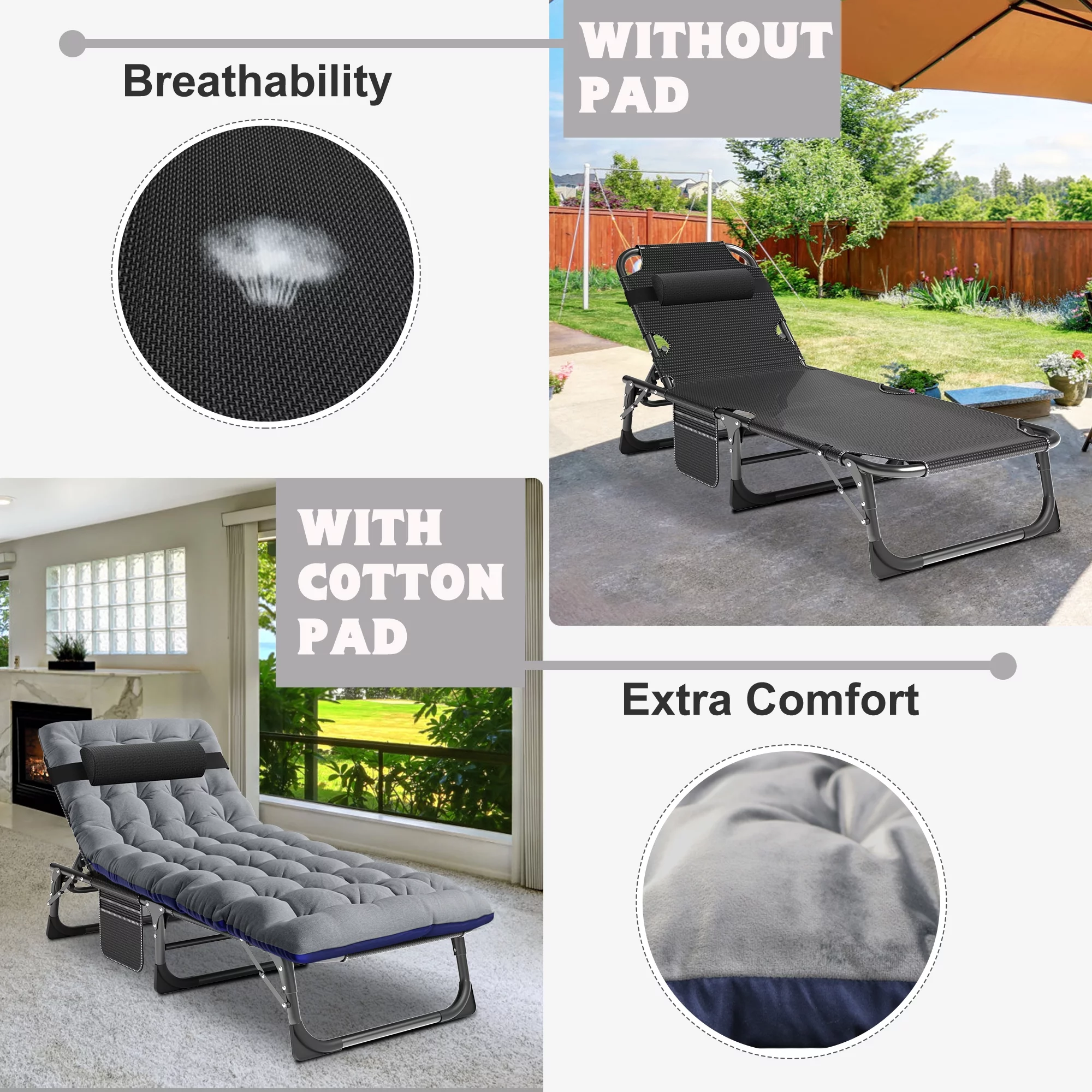 NAIZEA Folding Camping Cot Bed, Adjustable 4-Position Adults Reclining Folding Chaise Sleeping Cots with Pillow and Camping Pad(Gary)