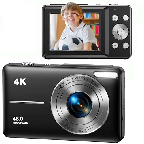 Digital Camera for Kids, 4K UHD Point and Shoot Camera with 18X Zoom, 48MP, Auto Focus, Anti-Shake, Gift for Boys & Girls, Black