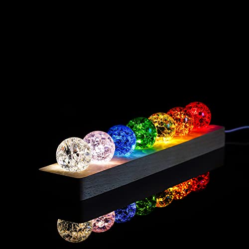 Set of 7 Crystal Balls Night Light Decor Healing Spheres with LED Wooden Stand for Meditation Energy Balancing Home Office Decoration for Women/Mom