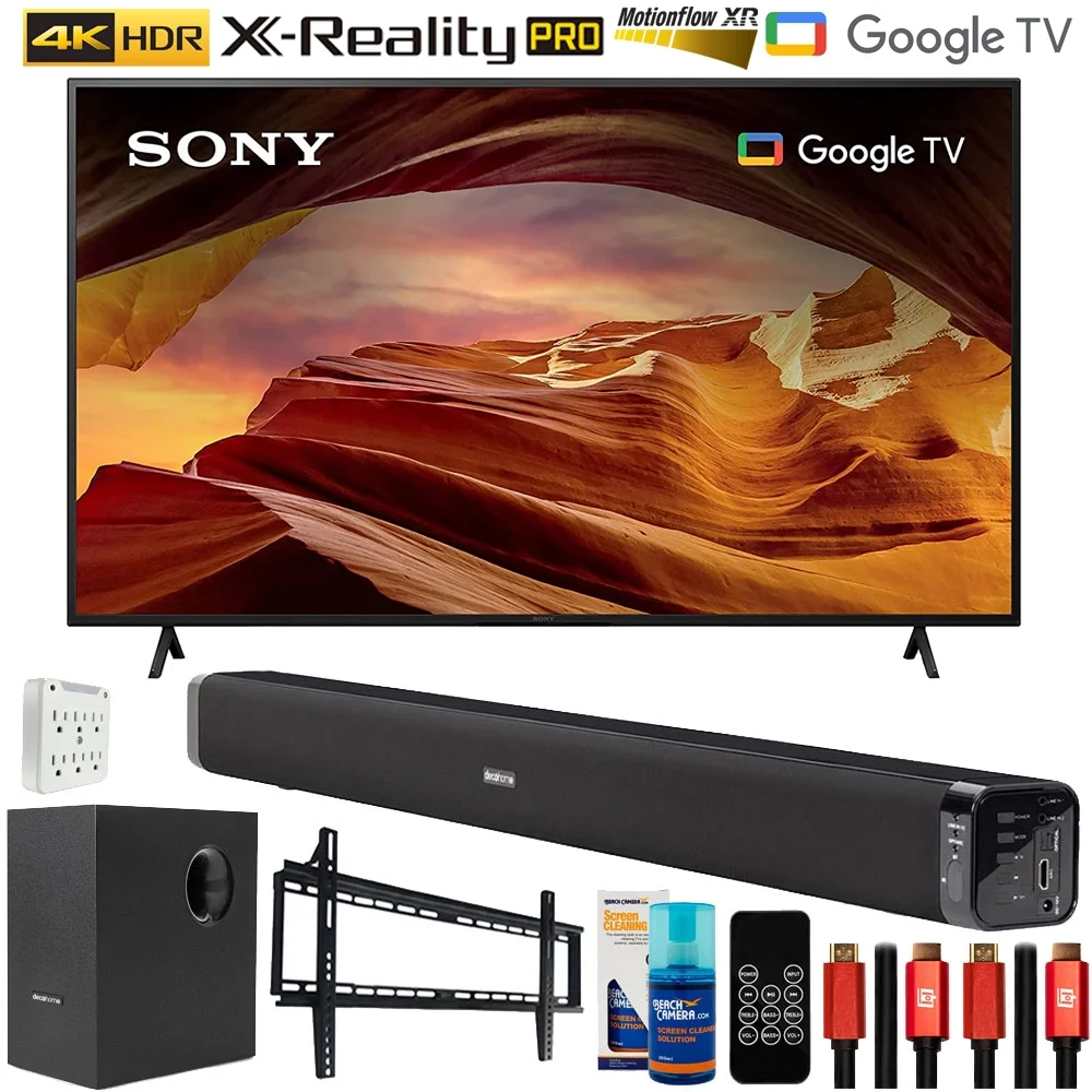 Sony KD65X77L 65 Inch 4K HDR LED Smart TV with Google TV (2023) Bundle with Deco Gear Home Theater Soundbar with Subwoofer, Wall Mount Accessory Kit, 6FT 4K HDMI 2.0 Cables and More