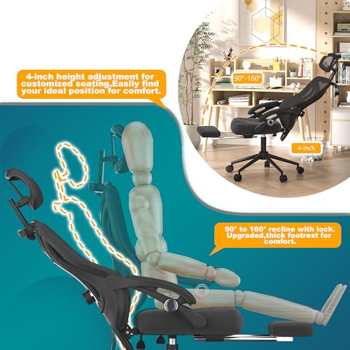 Ergonomic Office Chair - Adjustable Lumbar & Headrest, 90-160° Reclining with Footrest, Breathable Mesh Back - Home Office/Gaming Computer Chair (Black, 300lbs Capacity)