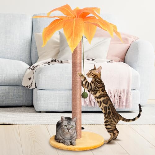 Meowoou Cat Scratching Post with Hanging Ball,33 inch Tall Cute Cat Toys for Indoor Cats with Sisal Rope,Palm Decor Cat Tree Tower for Kitten Scratcher Green