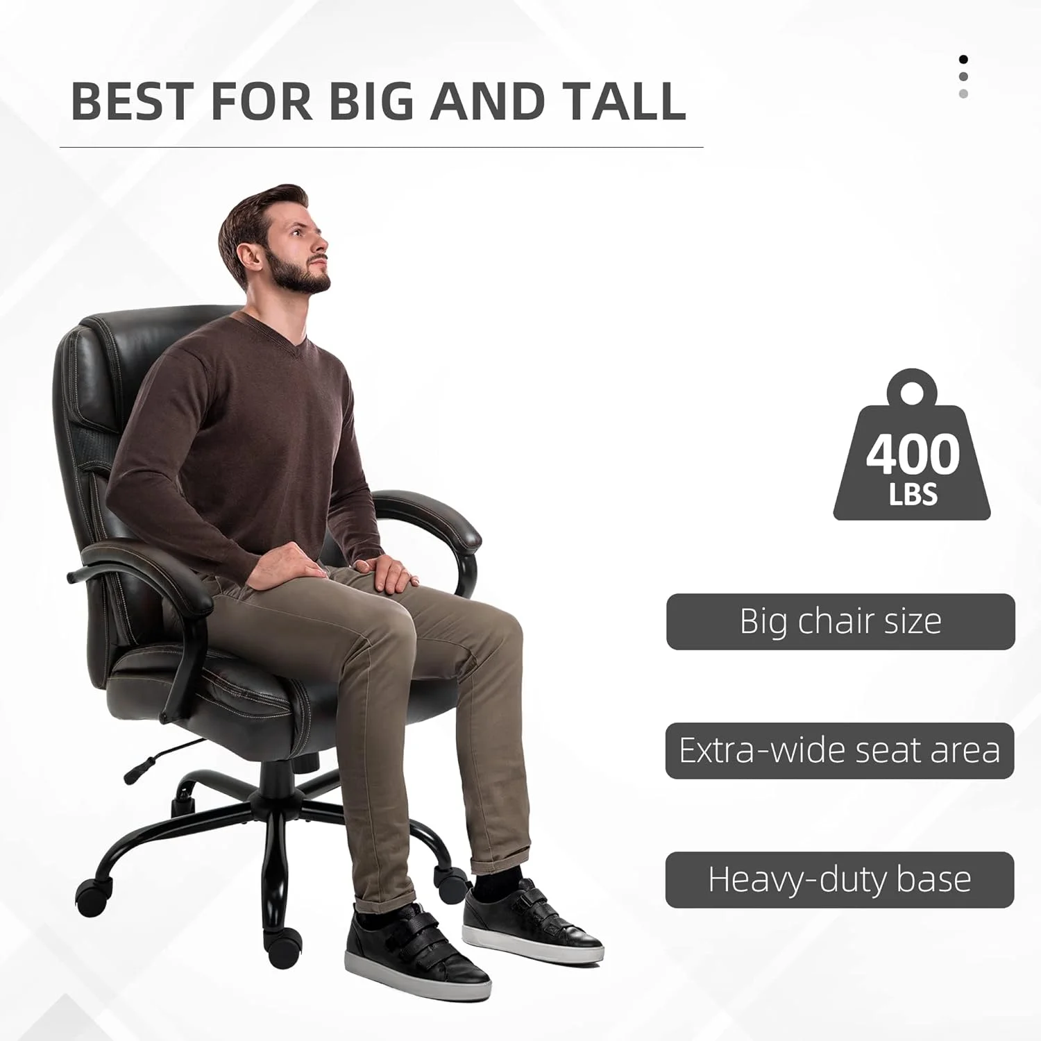 484LBS Big And Tall Ergonomic Executive Office Chair With Wide Seat, High Back Adjustable Computer Task Chair Swivel PU Leather, Brown