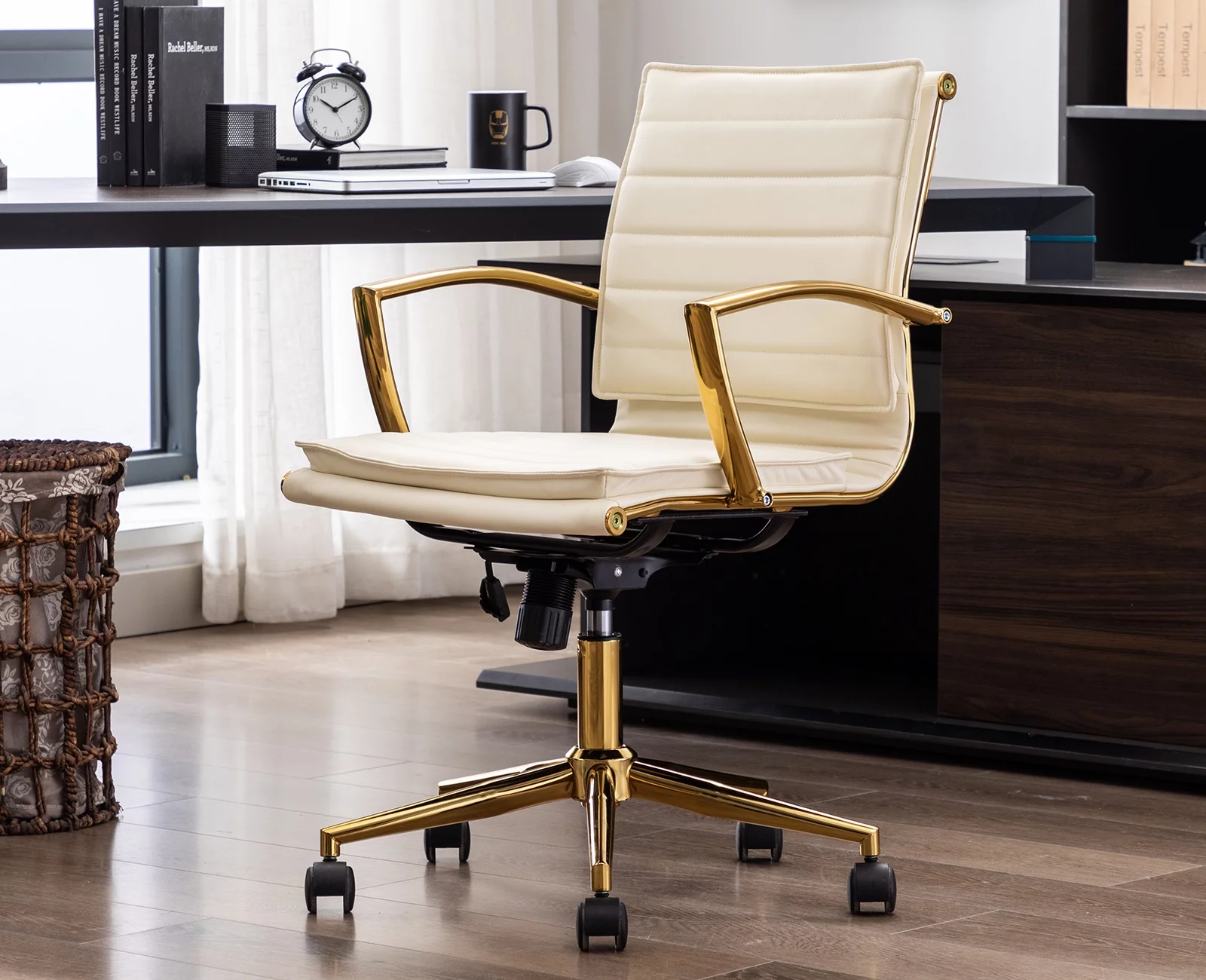 Guyou Faux Leather Swivel Office Chair, Modern Wide Seat Adjustable Height Computer Desk Chair with Backrest and Wheels, Ergonomic Task Chair Conference Chair with Armrests and Gold Metal Base, Beige