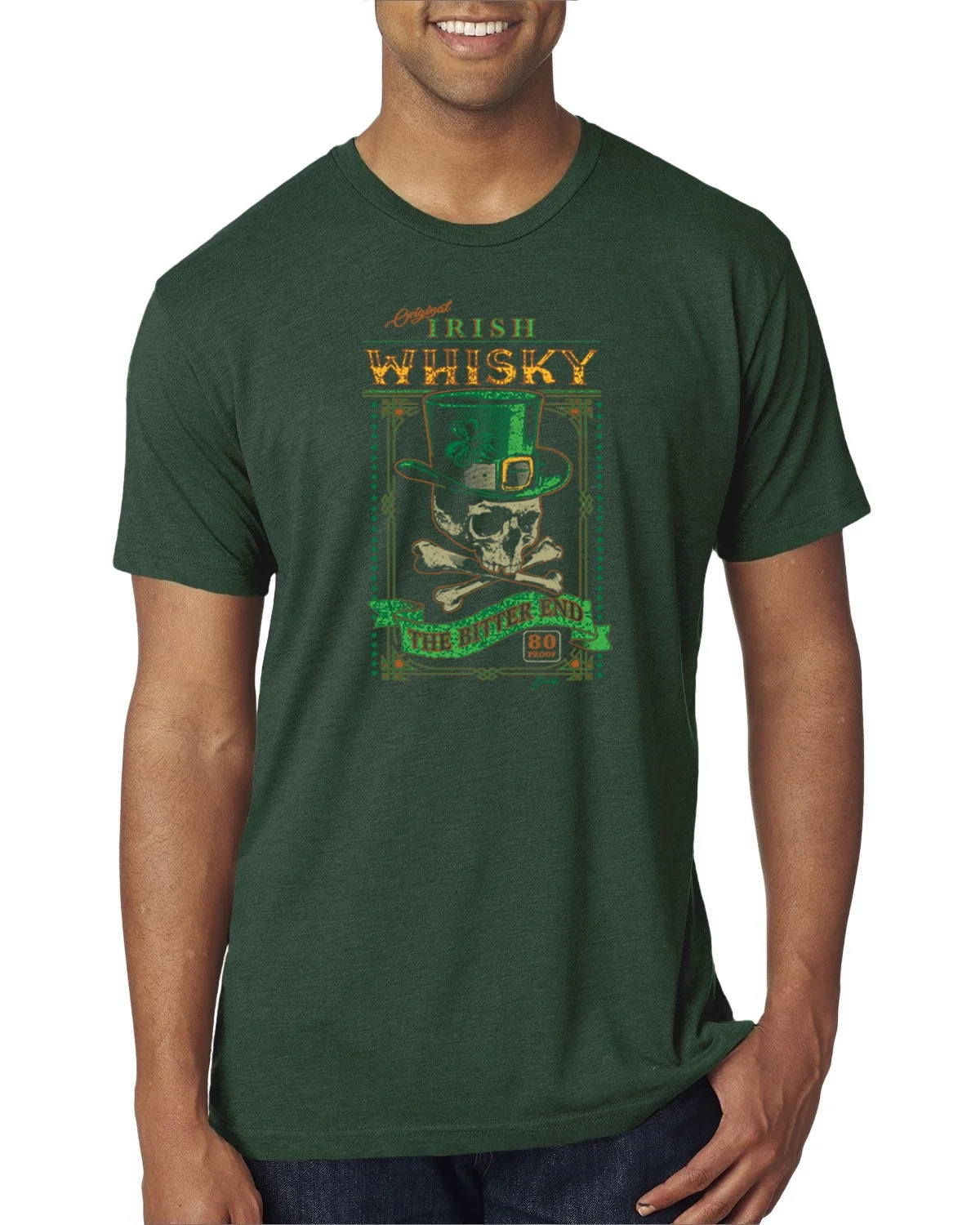 Wild Bobby Original Irish Whisky The Bitter End Skull St. Patrick's Day Men Premium Tri Blend Tee, Forest Green, Medium