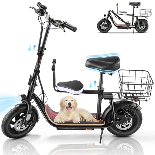 Caroma Peak 500W/800W/1200W Electric Scooter with Seat, 30 Miles Max Range Electric Scooter Adults&Teens, 48V Large Battery, 20MPH Top Speed Foldable Ebike, Adjustable E-Bike with Basket&Kid Seat