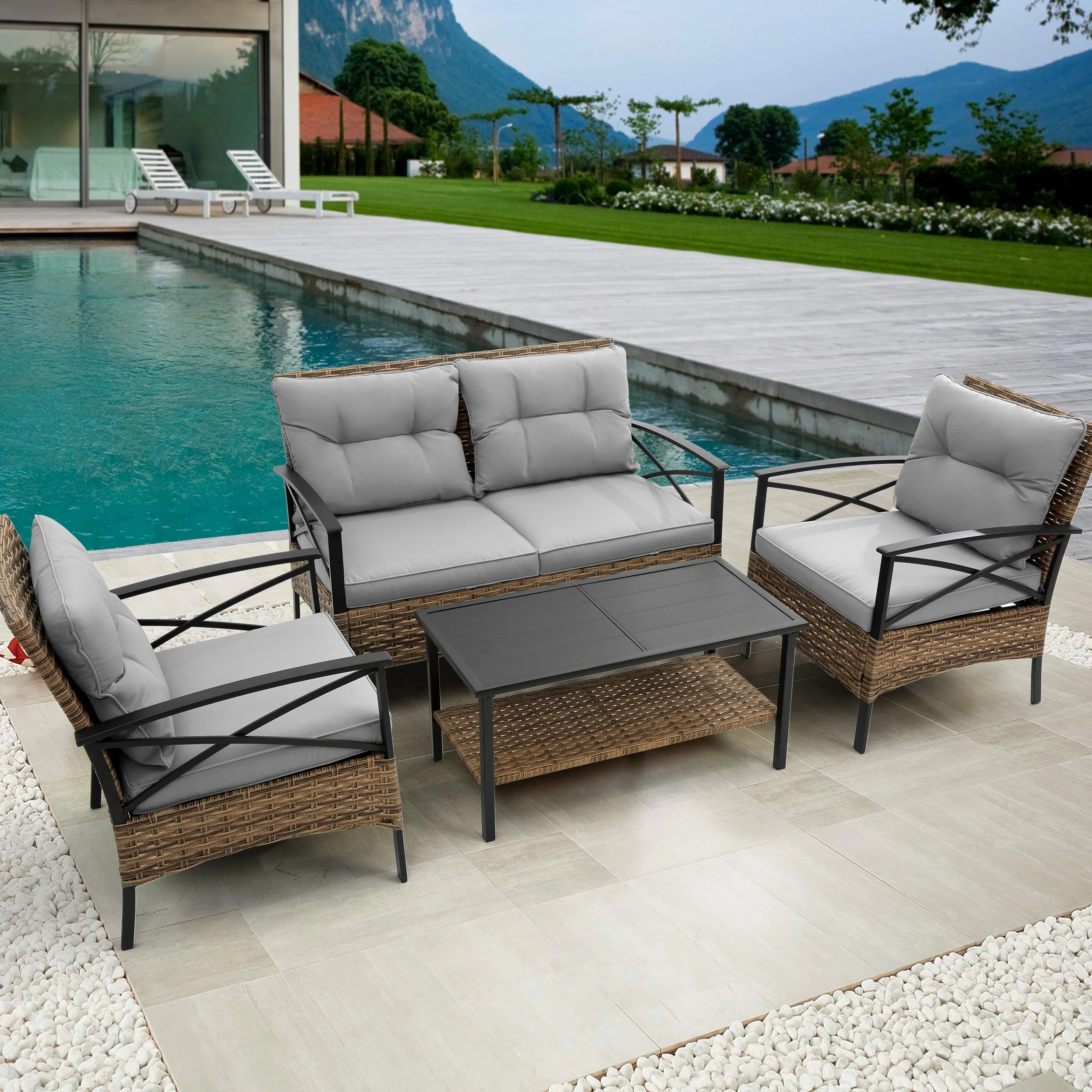 HOMEFUN Patio 4 Piece Dining Conversation Grey Sofa Set(1 Table And 3 Chairs),  Wicker Outdoor Garden Furniture Sofa Set with Grey Cushions