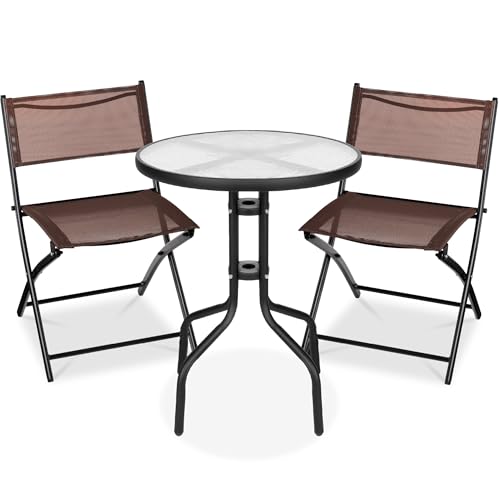 Best Choice Products 3-Piece Patio Bistro Dining Furniture Set w/Glass Tabletop, 2 Folding Chairs, Steel Frame, Polyester Fabric - Gray